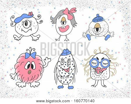 Hand drawn funny monsters. Set of cute cartoon monsters.
