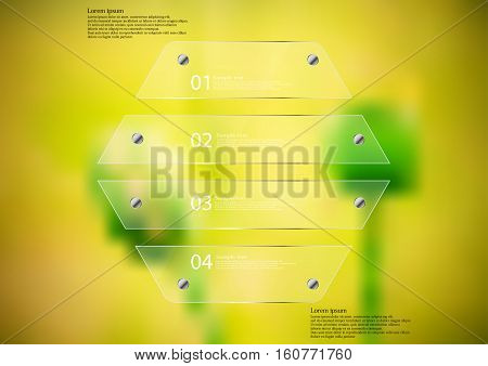Illustration infographic template with motif of glass hexagon horizontally divided to four sections. Blurred photo with natural motif is used as background with two green poppy plants.