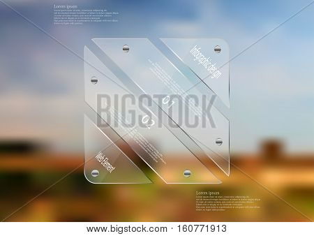 Illustration infographic template with motif of glass rectangle askew divided to four sections. Blurred photo with natural motif is used as background blue cloudy sky and field.
