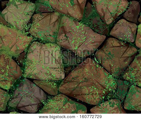 Vector seamless texture brown stonewall covered moss.