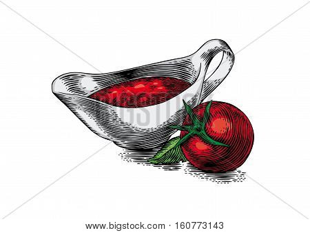 Drawing of sauce boat with red tomato sauce and whole fresh tomato