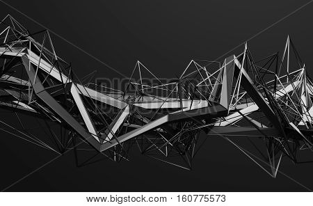 Abstract 3d rendering of chaotic plexus surface. Contemporary background with futuristic polygonal shape. Distorted low poly object with sharp lines.