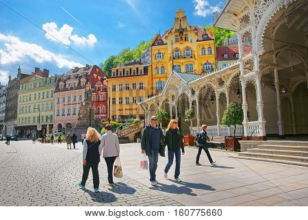 People At Market Colonnade Of Karlovy Vary Czech Republic