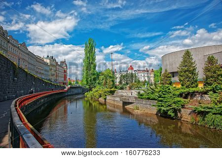 Tepla River And City Architecture At Promenade In Karlovy Vary