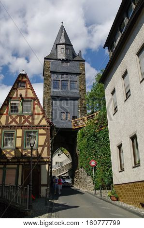 Bacharach, Germany - July 9, 2011: Medieval village Bacharach. Traditional frameworks (Fachwerk) houses in city streets. Rhine valley Germany.