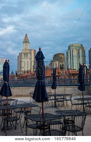Custom House Tower And Cafe With Umbrellas In Boston