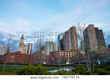 Financial District With Custom House Tower In North End Park