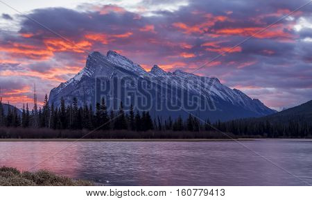 Banff Sunrise - a dramatic sunrise behind Mount Rundle as captured from the Vermilion Lakes just outside Banff Alberta.