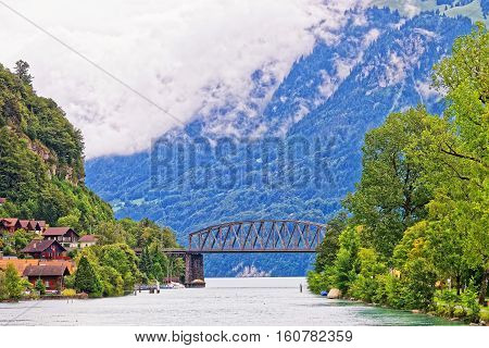 Bridge Above Lake Brienz And Brienzer Rothorn Mountain Bern Swiss