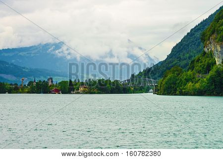 Bridge At Lake Brienz And Brienzer Rothorn Mountain Bern Swiss