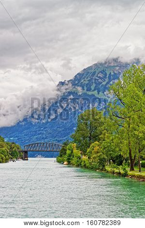 Bridge At Lake Brienz And Brienzer Rothorn Mountain Bern Switzerland