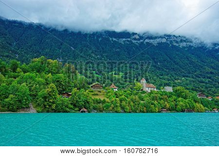 Church At Lake Brienz And Brienzer Rothorn Mountain Bern Swiss