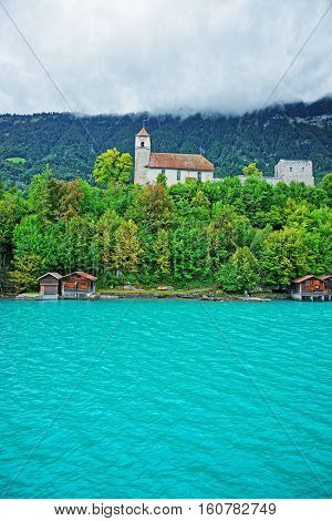 Church In Brienz Lake And Brienzer Rothorn Mountain Bern Switzerland