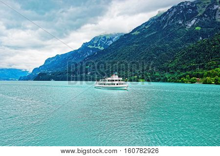 Ferry At Lake Brienz And Brienzer Rothorn Mountain Bern Switzerland