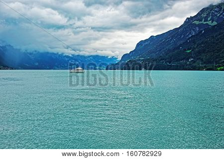 Ferry In Lake Brienz And Brienzer Rothorn Mountain Bern Switzerland