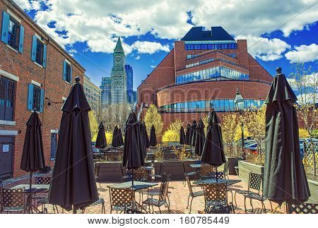 Custom House Tower And Cafe With Umbrella At Long Wharf