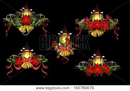 Big Christmas decoration element set with evergreen treess holly and poinsettia isolated on black with swirls street light bells and Cardinal birds