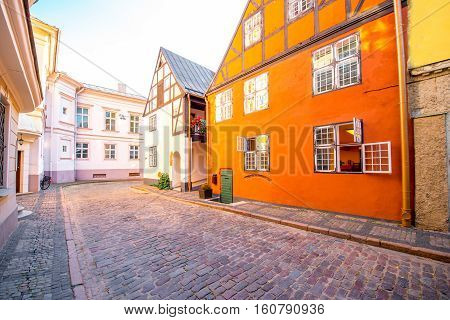 Ancient half-timbered residential houses in the old town of Riga, Latvia