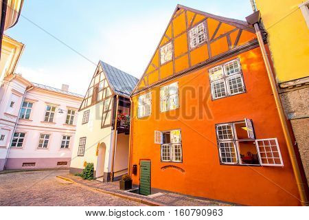 Ancient half-timbered residential houses in the old town of Riga, Latvia