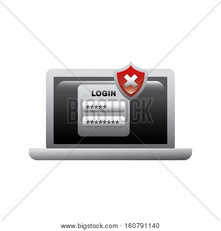 laptop computer with login passowrd and wrong shield icon over white background. cyber security concept. colorful design. vector illustration