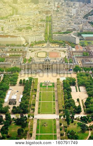 Beautiful aerial view of Champ de Mars in Paris France on a sunny day