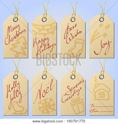 Set of textured paper Сhristmas gift tags on twine eyelets with hand drawn holiday symbols and handwritten greetings eps10 vector illustration