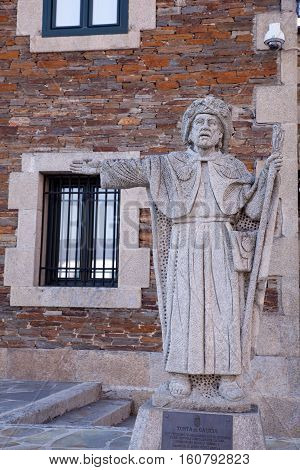 View of the Statue of pilgrimn in Portomarin Spain