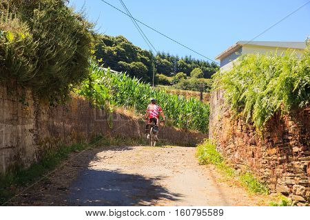 GALICIA SPAIN - AUGUST 10: Pilgrimn bike along the way of St. James on 10 2016