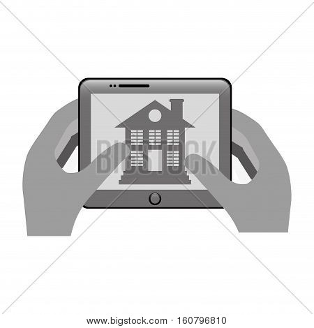 hands with tablet device with smart house control on screen over white background. vector illustration