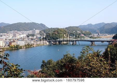 Inuyama bridge across the Kiso River viewed from Inuyama Castle Japan in the morning