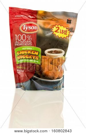 Winneconne WI - 7 December 2016: Bag Tyson 100% all natural ingredients chicken nuggets on an isolated background.