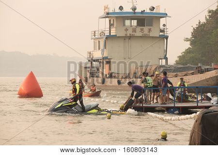 Lifeguard and Triathlon athlete sporter in Golden Triangle Triathlon on April 3 2016 in Chiang saen district Chiang raiThailand.