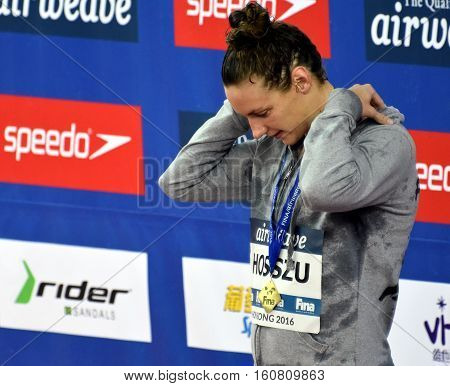 Hong Kong, China - Oct 29, 2016.  Katinka HOSSZU (HUN) at the Victory Ceremony of  the Women's Freestyle 800m. FINA Swimming World Cup, Victoria Park Swimming Pool.