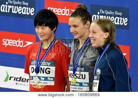 Hong Kong, China - Oct 29, 2016. DONG Jie (CHN), Katinka HOSSZU (HUN) and SCHMIDT Sierra (USA) at the Victory Ceremony of  the Women's Freestyle 800m. FINA Swimming World Cup.
