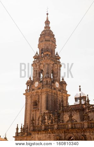 View of the belltower of the Santiago cathedral called North Tower or da Carraca. Spain