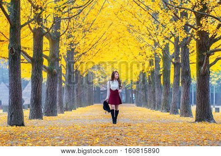 Beautiful Girl With Yellow Leaves In Nami Island, Korea.