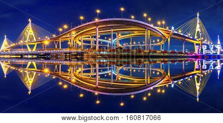 Panorama of Bhumibol suspension Bridge in Thailand.