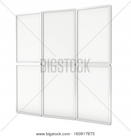 Blank Fold Up Banner Stands. Trade show booth white and blank. 3d render illustration isolated on white background. Template mockup for your design.