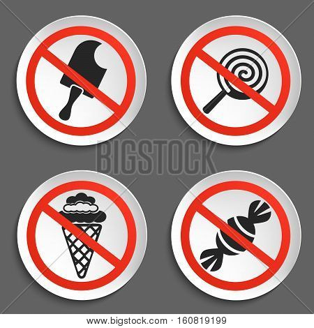 No food and Ice Cream Prohibition Signs on White Round Plate. No Ice Cream Vector Illustration on black background