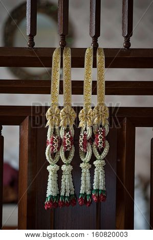 Thai Flower Garland with jasmine & roses garland prepare for wedding ceremony