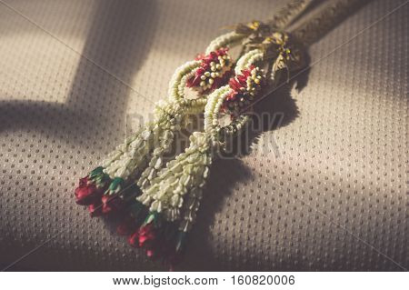 Thai Flower Garland with jasmine & roses garland prepare for wedding ceremony