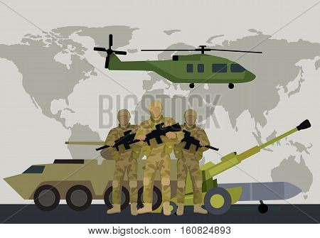 Different types of armed forces. Soldiers in ammunition with guns, APC, cannon, rocket, helicopter flat vector illustrations world map on background. For warfare concepts, military service contract ad