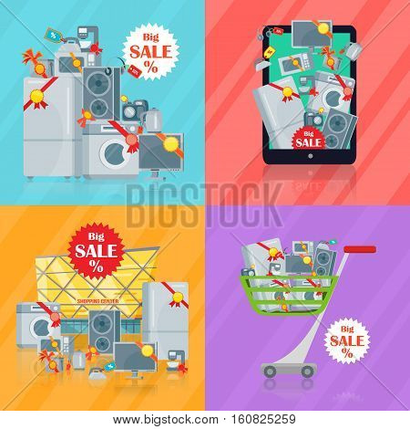 Set of banners with household appliances. Kitchen devices in mobile phone, in cart, supermarket isolated. Big sale concept. E-commerce. Online sale. Electronics. Black friday. Vector in flat style
