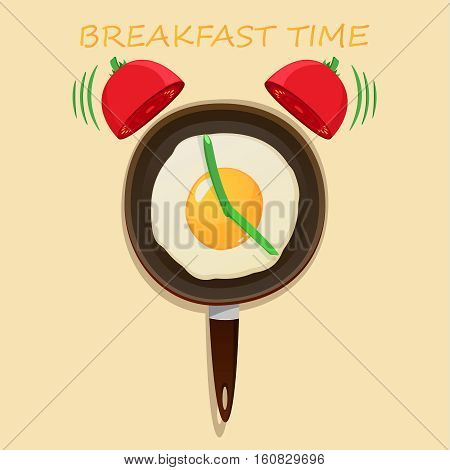 Fried egg and alarm clock and pan. tomato bells. cartoon style. vector illustration. trend.Vector design for breakfast menu cafe restaurant.