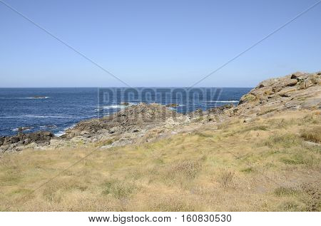 Rocky coastline in the municipiality of Corrubedo Galicia Spain