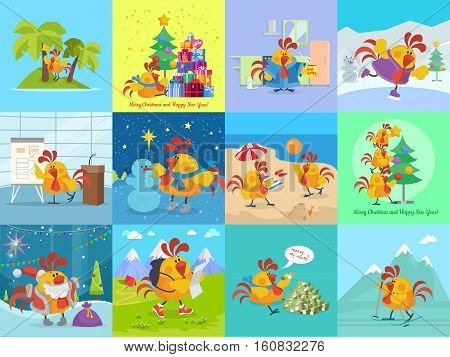 Rooster bird adventures set. Collection of greeting cards with cock. Chinese calendar zodiac horoscope. Chicken character collection in flat. New year xmas greeting card. Vector illustration