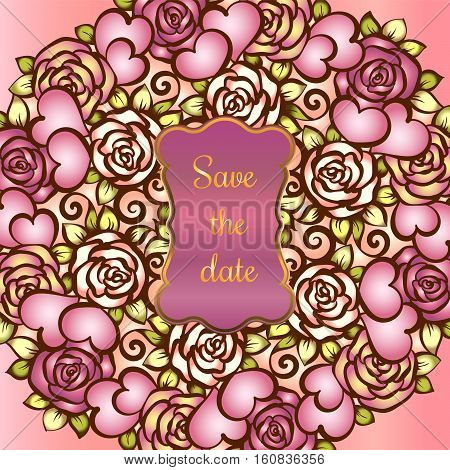 Vintage valentine or wedding invitation card with gold frame and hearts and roses and scrolls. Bridal boгquet with lace wrapping decor.