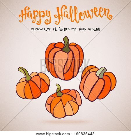 Vector decorative pumpkins stained glass style and handwritten brush lettering for your design on light background.
