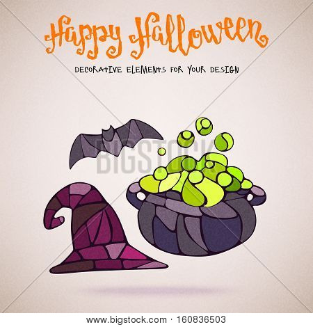 Vector decorative bat, witch hat and caldron stained glass style and handwritten brush lettering for your design on light background.