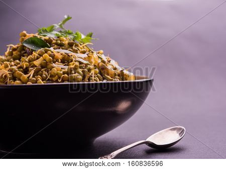 dry and simple moong dal usal or healthy sprouted Green gram spicy usal, fried in oil